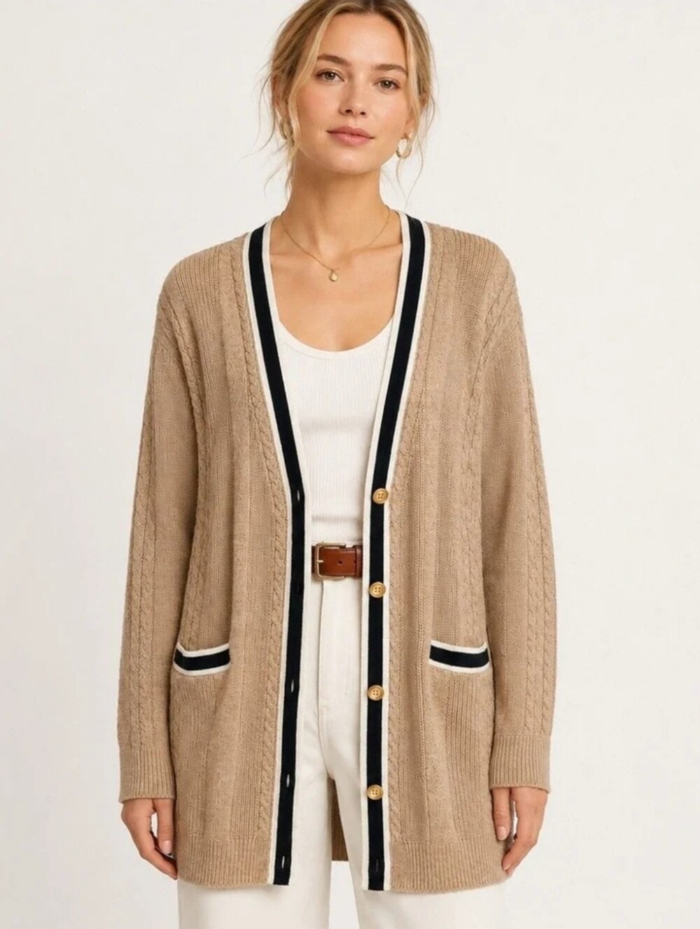 Talbots Tan Cable Knit Longline Button-Up Preppy Old Money Cardigan Sweater M